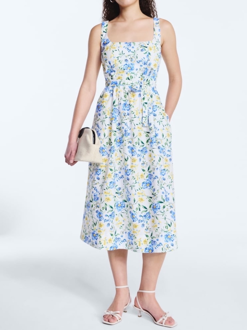 Floral Square-Neck Midi Dress in White and Blue